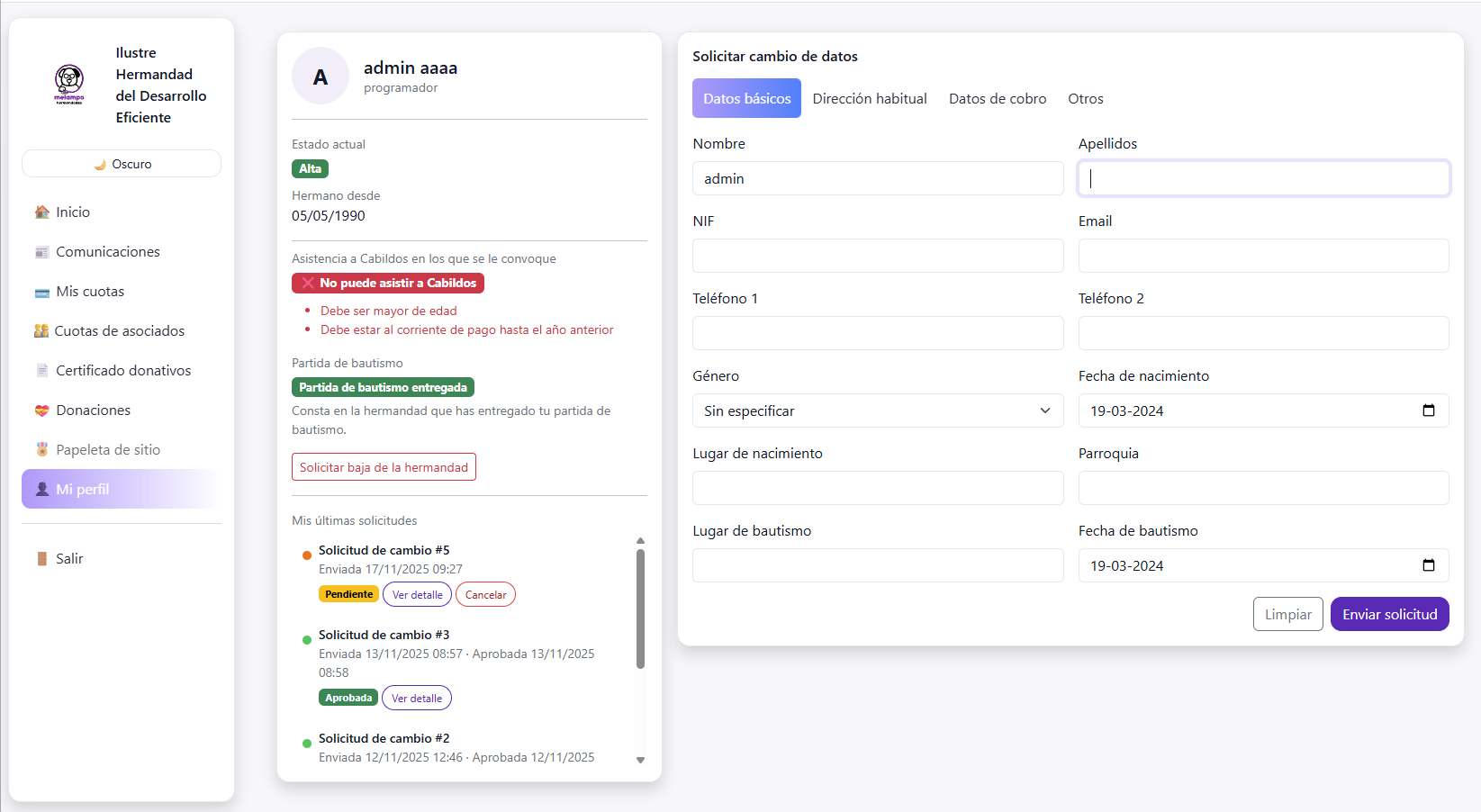 Perfil del hermano y solicitud de cambio de datos